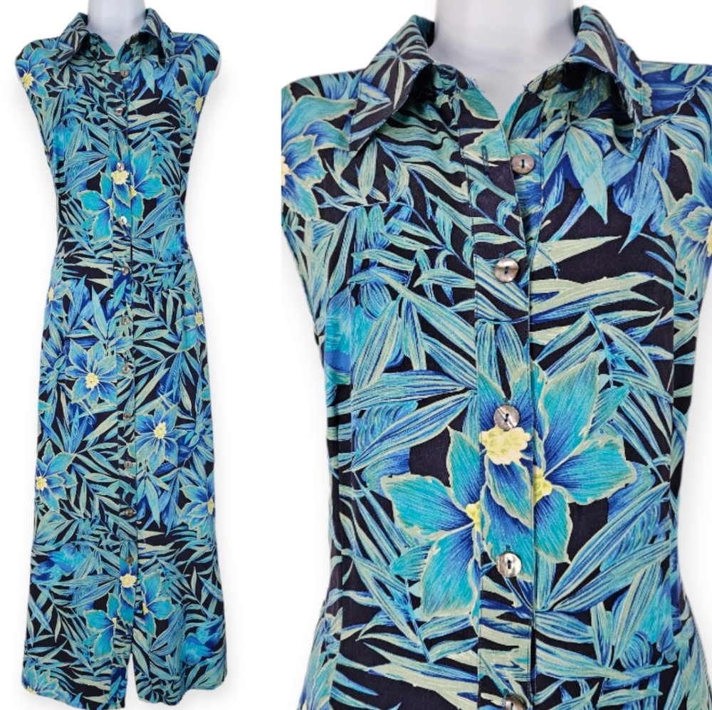 Embassy Row blue floral maxi shirt dress 100% silk Womens 12